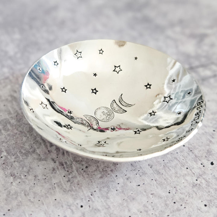 It’s Just a Phase Ring Dish – Handmade Pewter Jewelry Dish with Moon Phases and Stars – Celestial Gift for Her, Handmade Trinket Bowl Salt and Sparkle