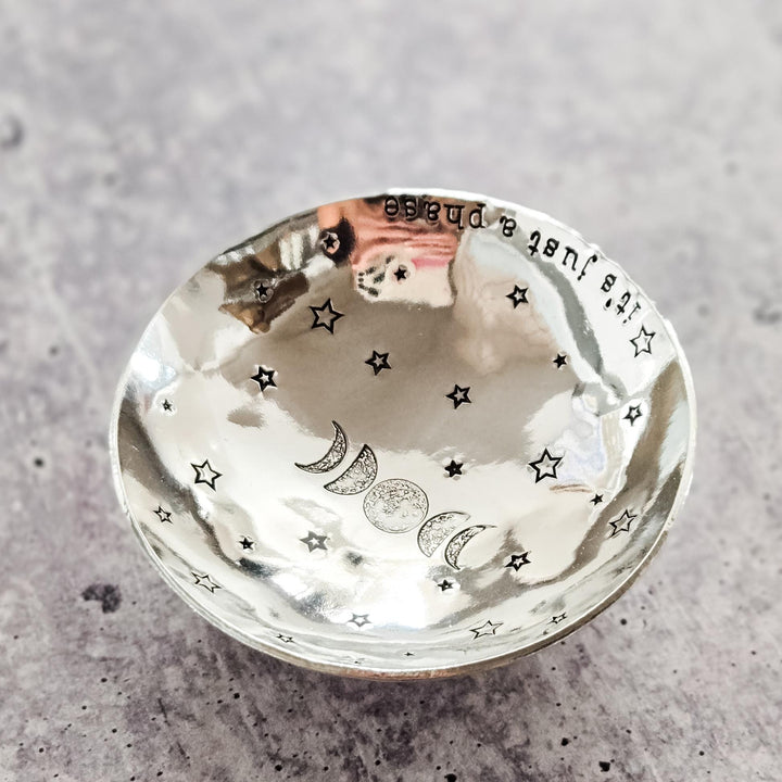 It’s Just a Phase Ring Dish – Handmade Pewter Jewelry Dish with Moon Phases and Stars – Celestial Gift for Her, Handmade Trinket Bowl Salt and Sparkle