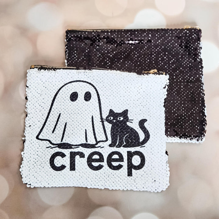 Creep Ghost Cat Halloween Sequin Makeup Pouch Salt and Sparkle