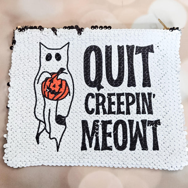 Quit Creepin’ Meowt Cat Bag – Halloween Sequin Pouch – Black Flip to White Makeup Bag, Funny Spooky Zipper Pouch Salt and Sparkle