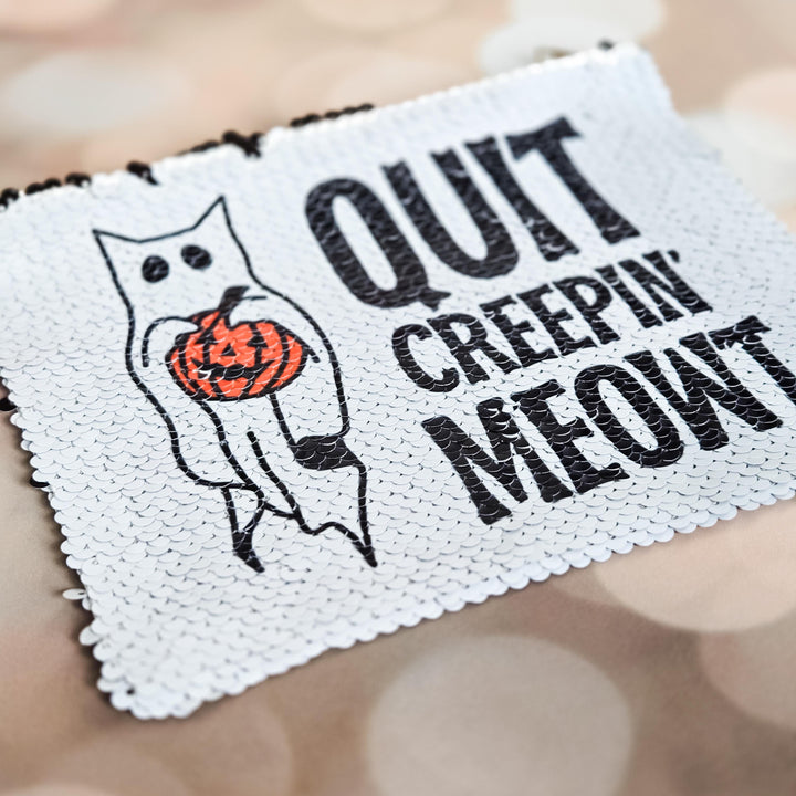 Quit Creepin’ Meowt Cat Bag – Halloween Sequin Pouch – Black Flip to White Makeup Bag, Funny Spooky Zipper Pouch Salt and Sparkle