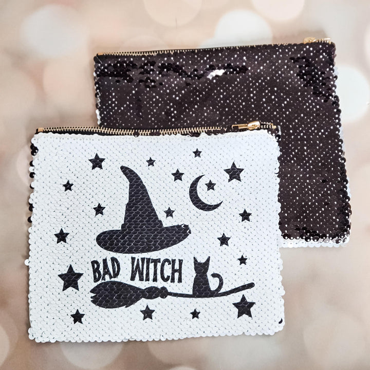 Bad Witch Cat & Broom Halloween Sequin Pouch – Black Flip to White Makeup Bag, Witchy Zipper Pouch Salt and Sparkle