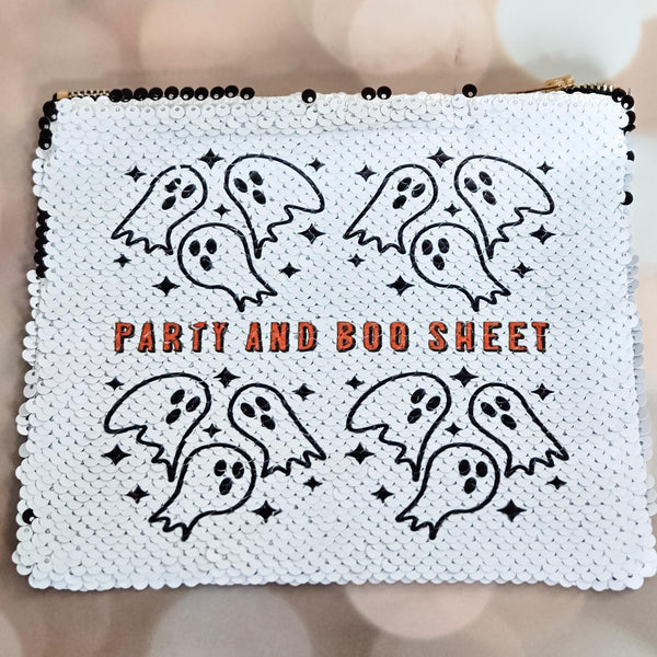 Halloween Sequin Pouch – "Party and Boo Sheet" Ghost Bag – Black Flip to White Makeup Bag, Funny Halloween Zipper Pouch Salt and Sparkle