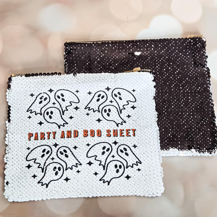 Halloween Sequin Pouch – "Party and Boo Sheet" Ghost Bag – Black Flip to White Makeup Bag, Funny Halloween Zipper Pouch Salt and Sparkle