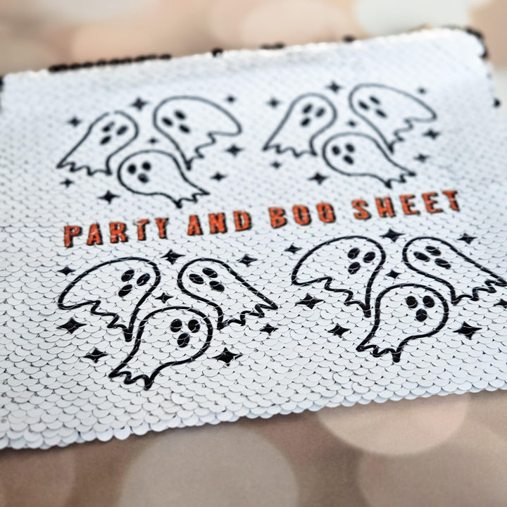 Halloween Sequin Pouch – "Party and Boo Sheet" Ghost Bag – Black Flip to White Makeup Bag, Funny Halloween Zipper Pouch Salt and Sparkle