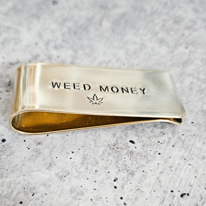 Weed Money Money Clip – Funny Men’s Gift – Personalized Brass, Aluminum, or Sterling Silver Cash Holder Salt and Sparkle