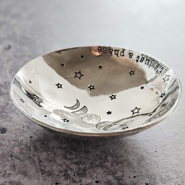 It’s Just a Phase Ring Dish – Handmade Pewter Jewelry Dish with Moon Phases and Stars – Celestial Gift for Her, Handmade Trinket Bowl Salt and Sparkle