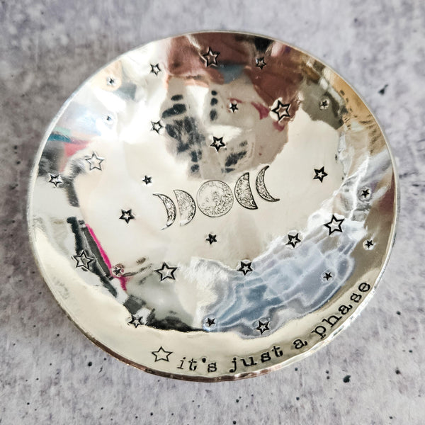 It’s Just a Phase Ring Dish – Handmade Pewter Jewelry Dish with Moon Phases and Stars – Celestial Gift for Her, Handmade Trinket Bowl Salt and Sparkle