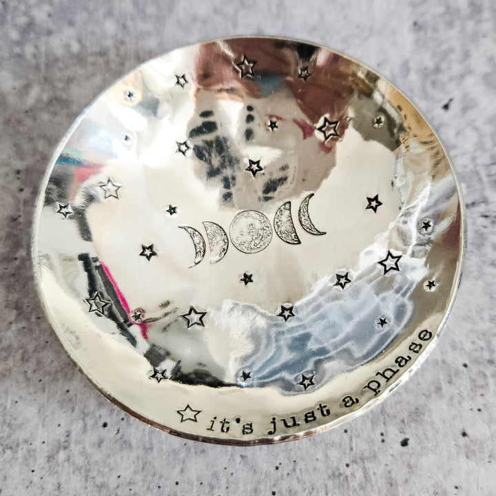 It’s Just a Phase Ring Dish – Handmade Pewter Jewelry Dish with Moon Phases and Stars – Celestial Gift for Her, Handmade Trinket Bowl Salt and Sparkle