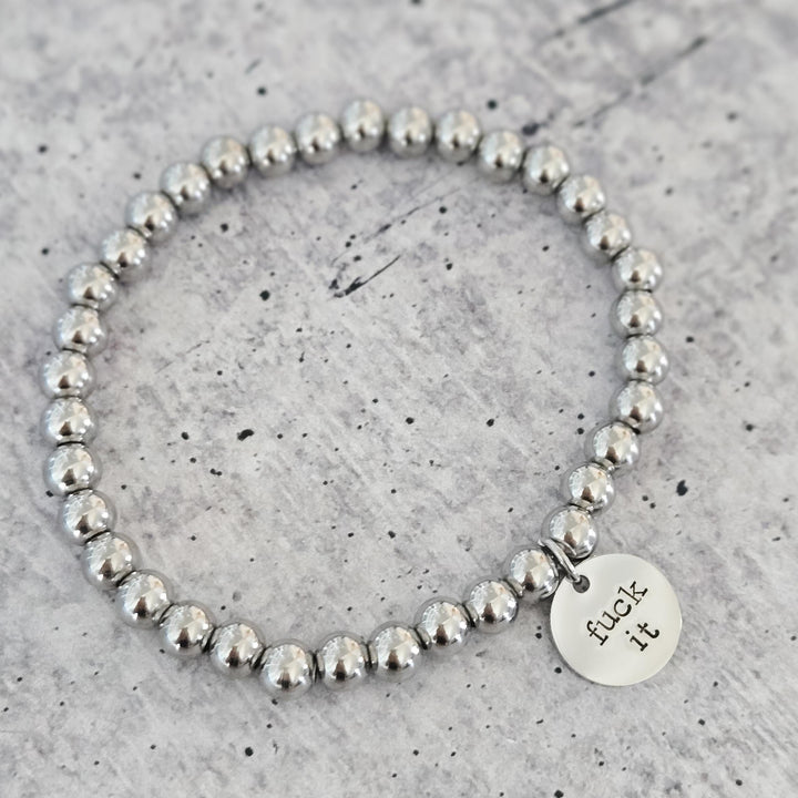 Fuck It Beaded Bracelet – Stainless Steel Stretch Bracelet in Gold or Silver – One Size Fits Most Salt and Sparkle