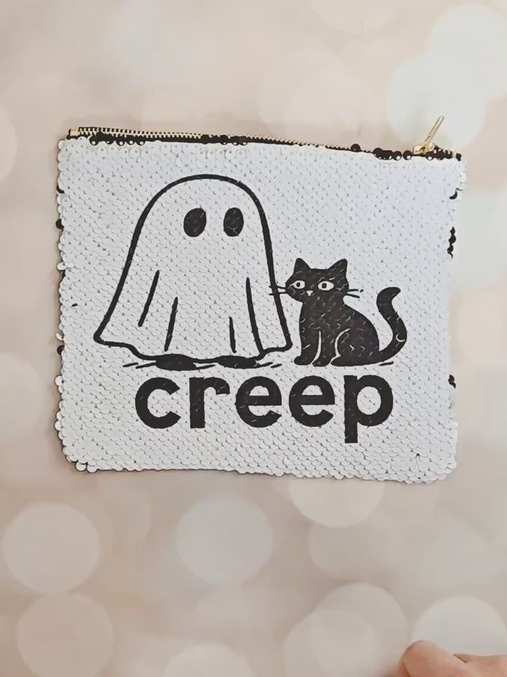 Halloween Sequin Pouch – "Party and Boo Sheet" Ghost Bag – Black Flip to White Makeup Bag, Funny Halloween Zipper Pouch