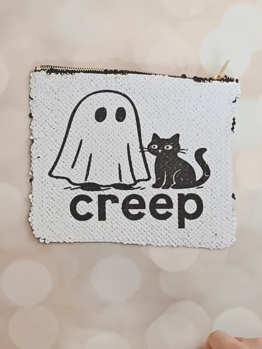 Halloween Sequin Pouch – "Party and Boo Sheet" Ghost Bag – Black Flip to White Makeup Bag, Funny Halloween Zipper Pouch