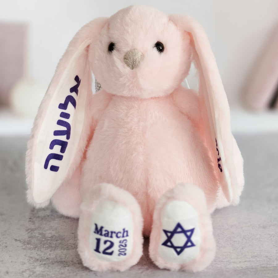 English and Hebrew Custom Plush Bunny for Kids Salt and Sparkle