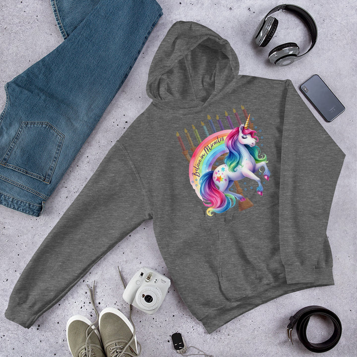 Believe in Miracles Rainbow Unicorn Hanukkah Gender Neutral Hoodie Salt and Sparkle