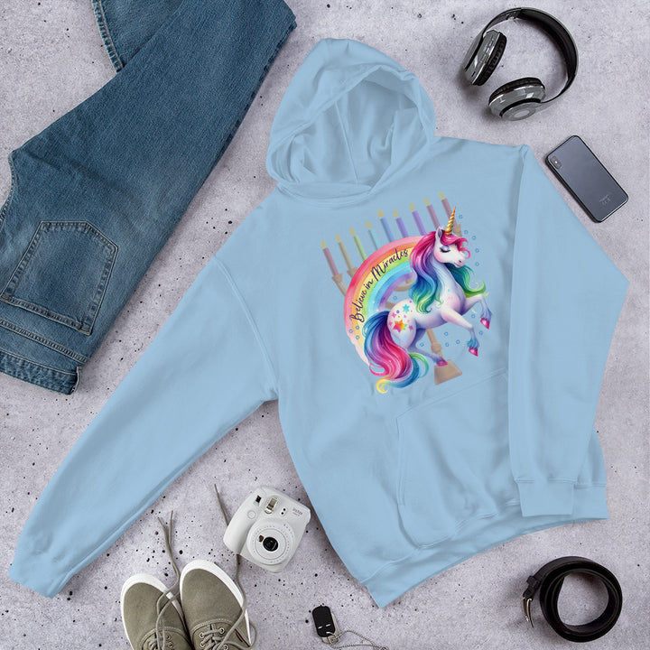 Believe in Miracles Rainbow Unicorn Hanukkah Gender Neutral Hoodie Salt and Sparkle