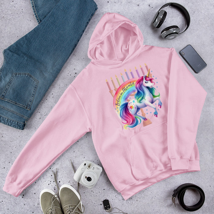 Believe in Miracles Rainbow Unicorn Hanukkah Gender Neutral Hoodie Salt and Sparkle