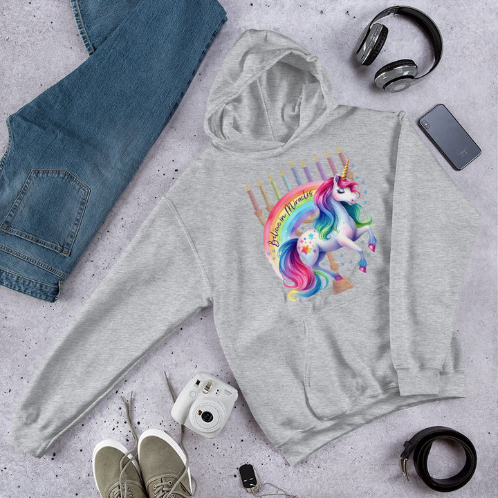 Believe in Miracles Rainbow Unicorn Hanukkah Gender Neutral Hoodie Salt and Sparkle