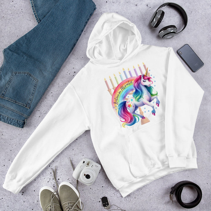 Believe in Miracles Rainbow Unicorn Hanukkah Gender Neutral Hoodie Salt and Sparkle