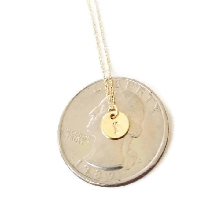 14k Gold Dainty Initial Disc Necklace Salt and Sparkle