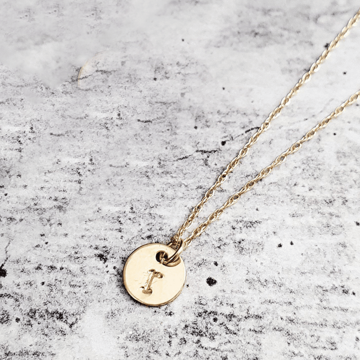 14k Gold Dainty Initial Disc Necklace Salt and Sparkle