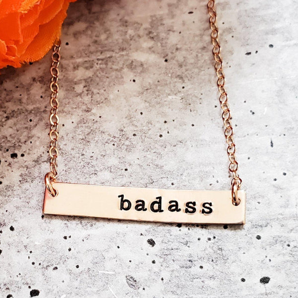 BADASS Hand Stamped Bar Necklace Salt and Sparkle