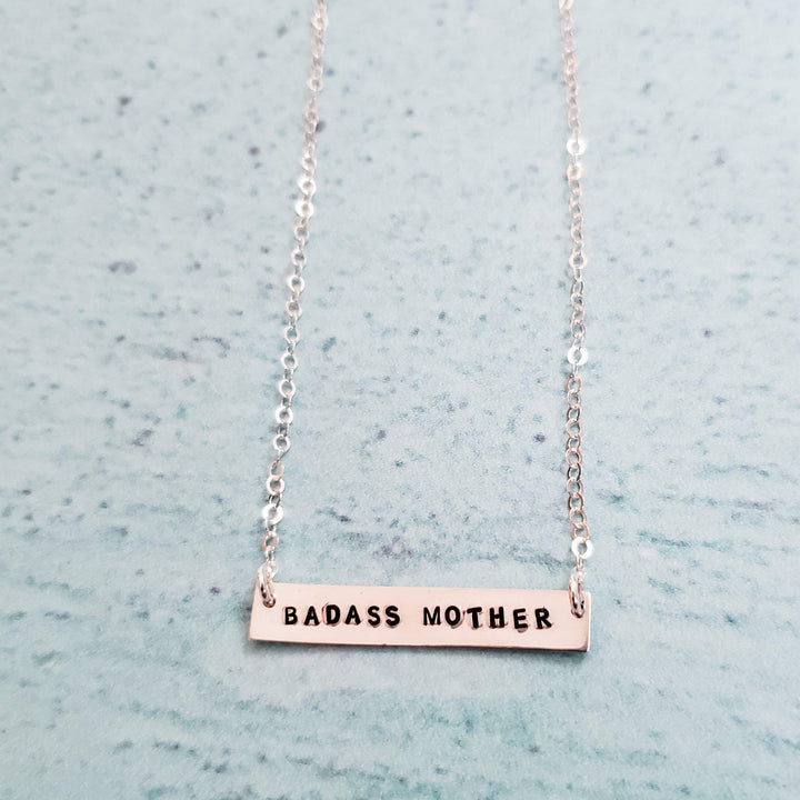 BADASS MOTHER Hand-Stamped Bar Necklace Salt and Sparkle