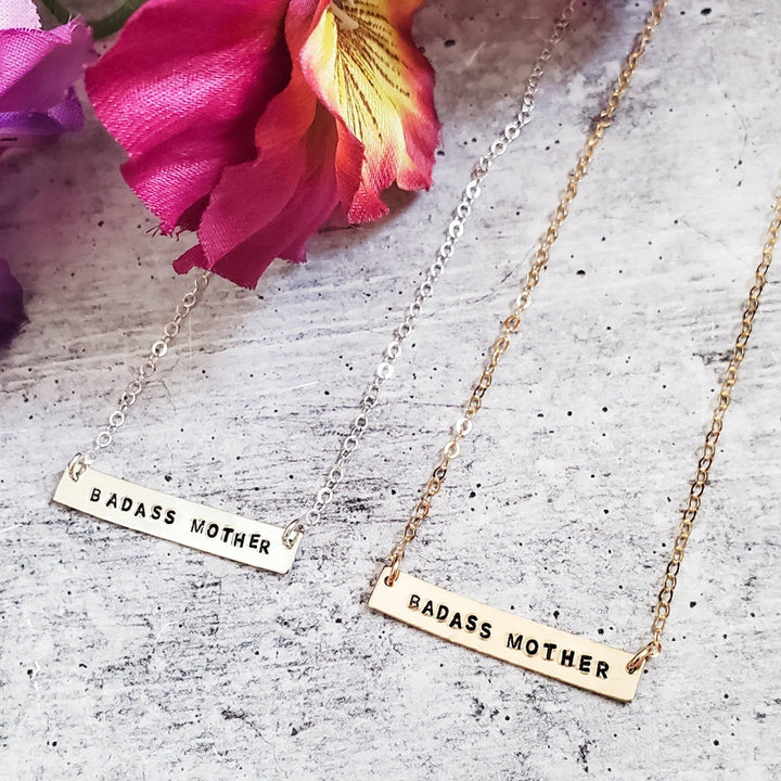 BADASS MOTHER Hand-Stamped Bar Necklace Salt and Sparkle