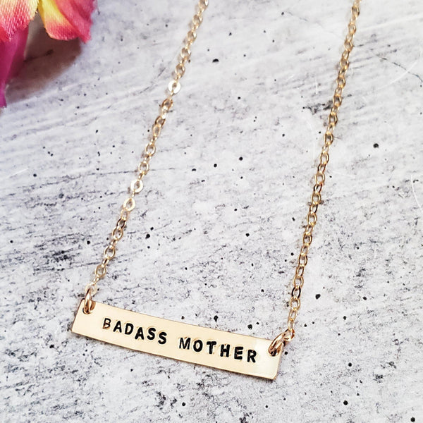 BADASS MOTHER Hand-Stamped Bar Necklace Salt and Sparkle