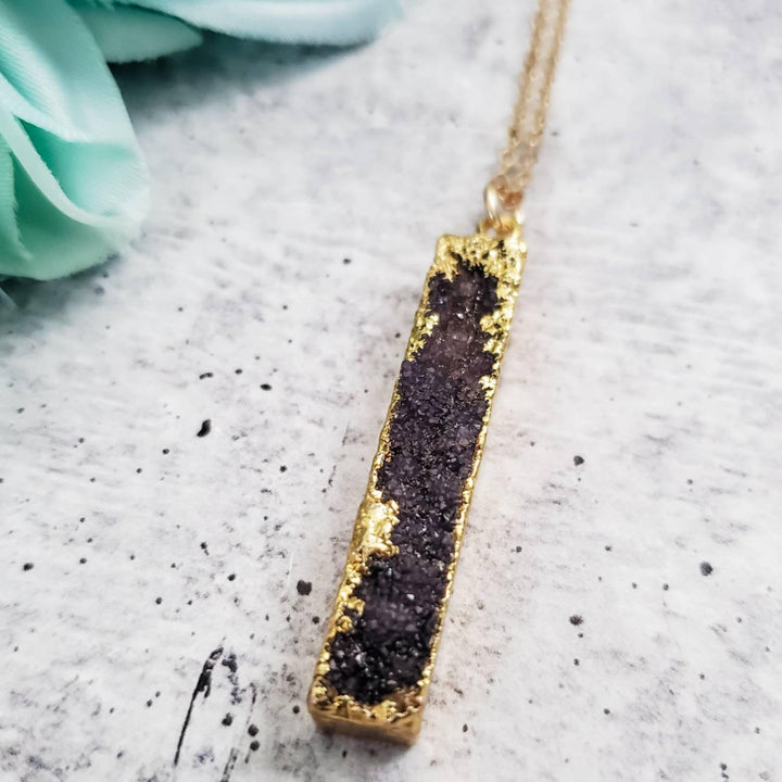 Black Druzy Crystal Long Rectangle Necklace Salt and Sparkle