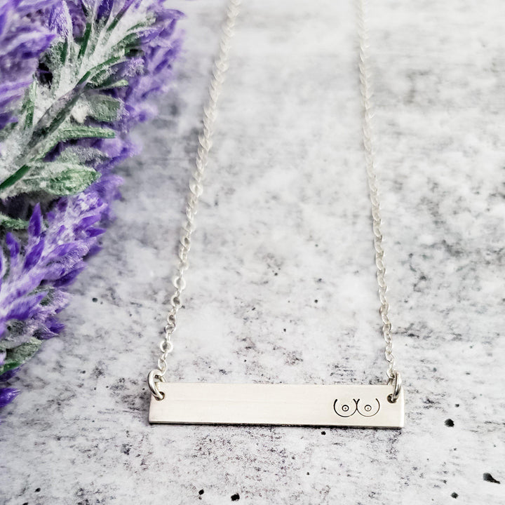 Boobs Hand Stamped Bar Necklace Salt and Sparkle