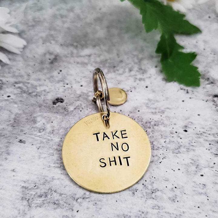 DO NO HARM Take No Shit Brass Disc Keychain Salt and Sparkle