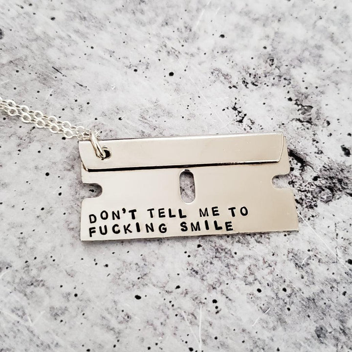 Don't tell me to fucking smile Razor Blade Necklace Salt and Sparkle