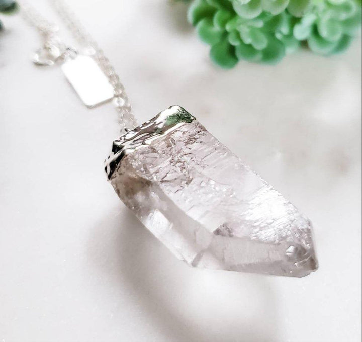 Giant Quartz Crystal Silver Necklace Salt and Sparkle