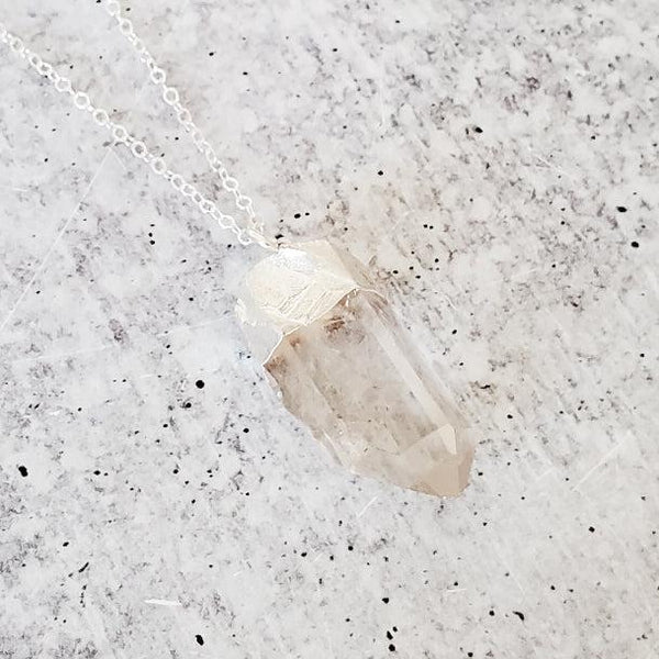 Giant Quartz Crystal Silver Necklace Salt and Sparkle