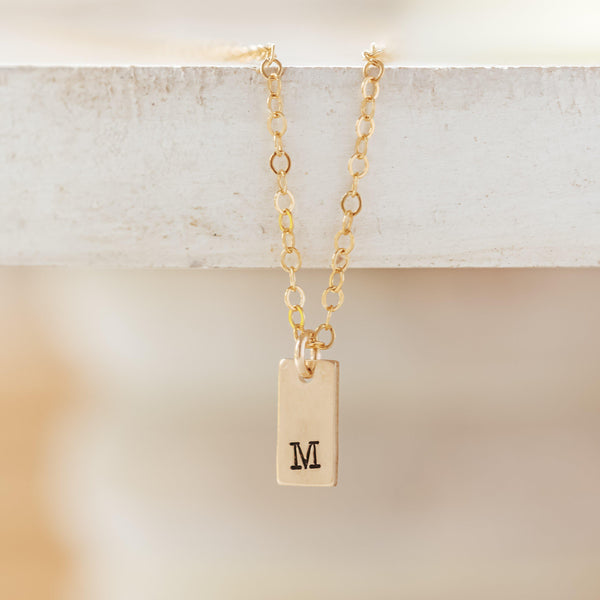 Initial Tiny Rectangle Tag Necklace Salt and Sparkle