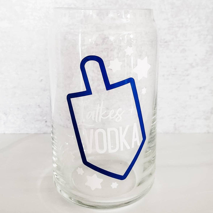 Latkes and Vodka Color Changing Hanukkah Glass Can Cup Salt and Sparkle