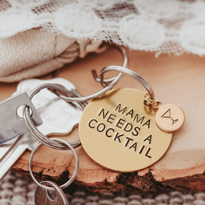 MAMA NEEDS A COCKTAIL Brass Disc Keychain Salt and Sparkle