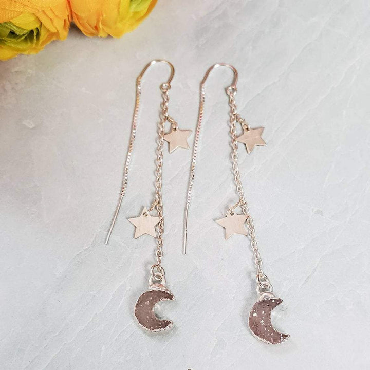 Moon and Star Druzy Threader Earrings Salt and Sparkle