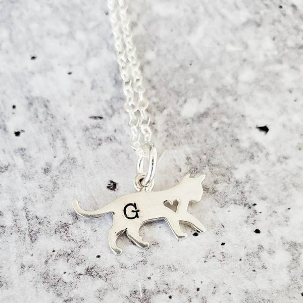 Tiny Cat Initial Pendant Silver Necklace Salt and Sparkle