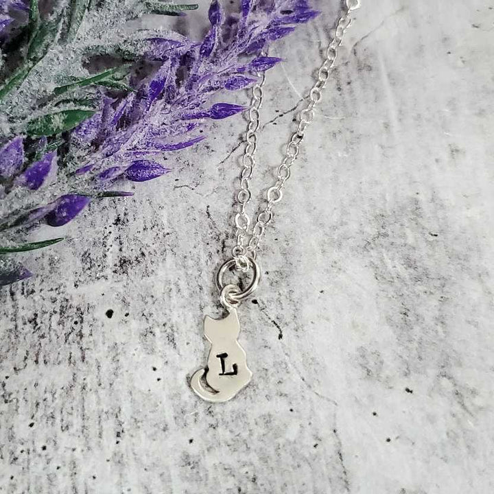 Tiny Cat Silver Initial Necklace Salt and Sparkle