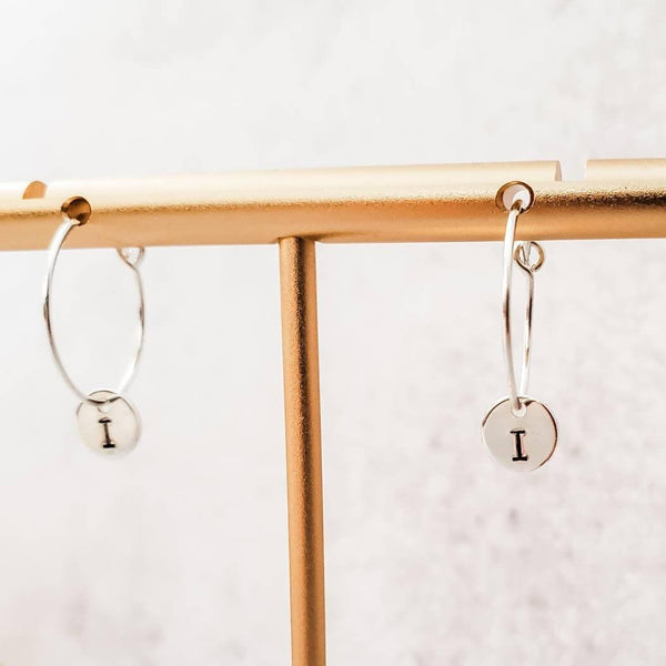 Tiny Initial Hoop Earrings Salt and Sparkle