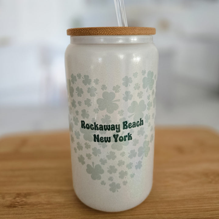 St. Patrick's Day Shamrock Customized Glass Can Cup -  St. Paddy's Iced Coffee Cup Salt and Sparkle