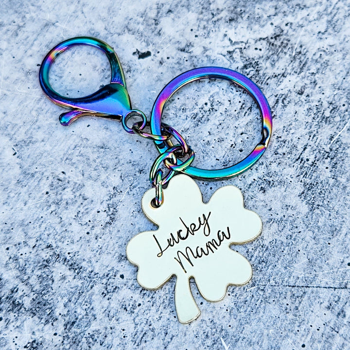 Lucky Daddy Four Leaf Clover Keyring - Lucky Mama St. Patrick's Day Minimalist Keychain Salt and Sparkle