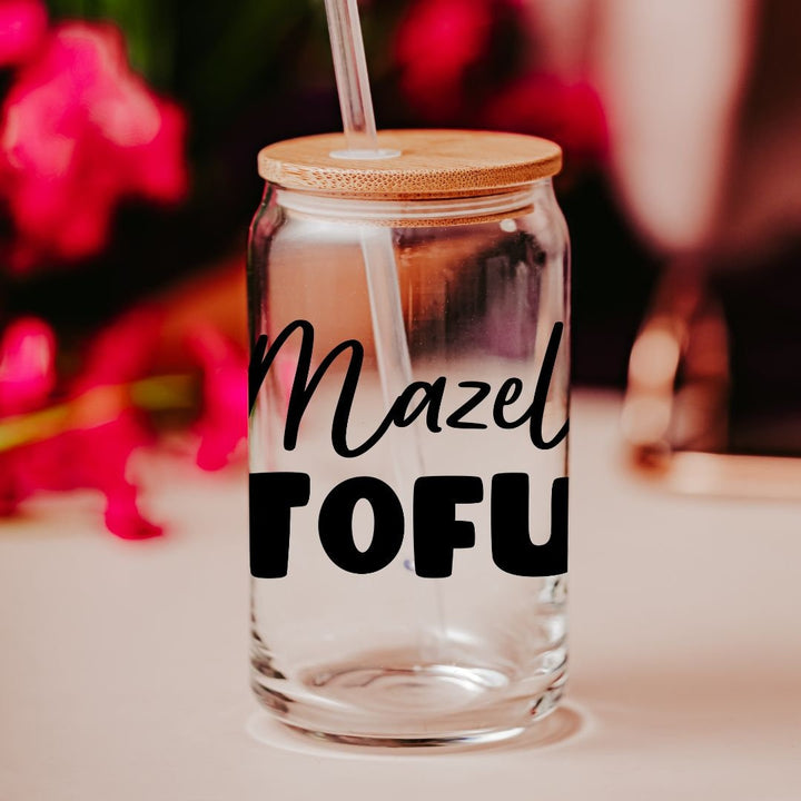 Mazel Tofu Printed Glass Can Cup | Funny Jewish Vegan Humor Gift Salt and Sparkle