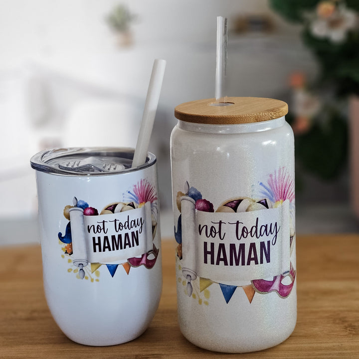 Not Today Haman Funny Purim Wine Tumbler | Wine Travel Cup for Purim Party Salt and Sparkle