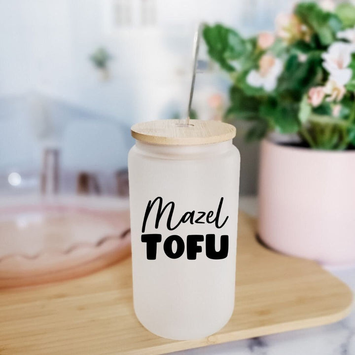 Mazel Tofu Printed Glass Can Cup | Funny Jewish Vegan Humor Gift Salt and Sparkle