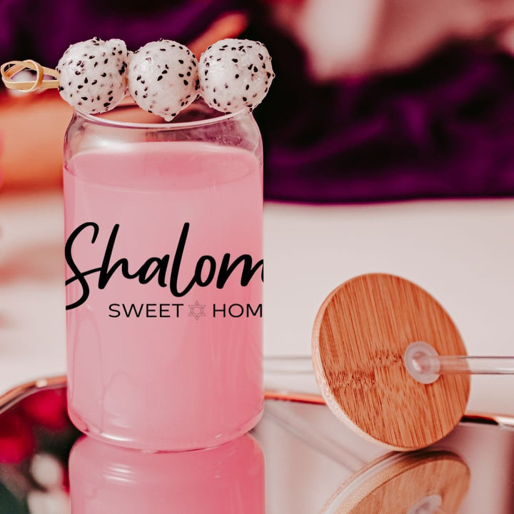 Shalom Sweet Home Printed Glass Can Cup | Funny Jewish Humor Gift Salt and Sparkle