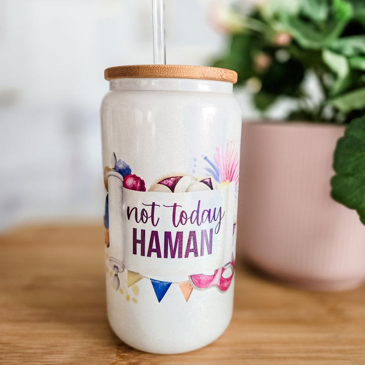 Not Today Haman Purim Glass Can Cup Salt and Sparkle